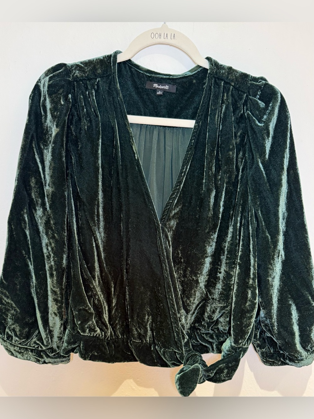 Madewell Velvet Wrap Top, Green, Size L